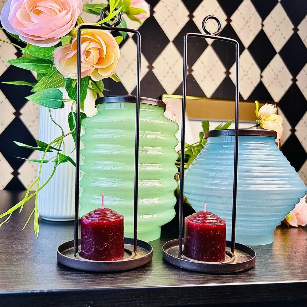Mid Century Modern‎ Ribbed Glass Tea Light Lanterns, Pair Candle Indoor Outdoor